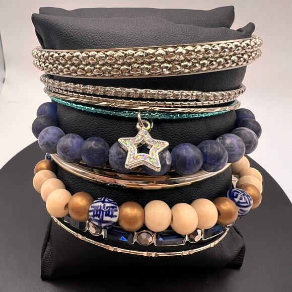 Eclectic Stacked Bangle Bracelet Lot Rhinestone Beaded Metallic Mix 12 pc - Picture 1 of 8